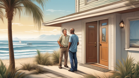 A detailed illustration of a professional door contractor consulting with a homeowner outside a beachfront house in Oceanside. The scene includes the contr