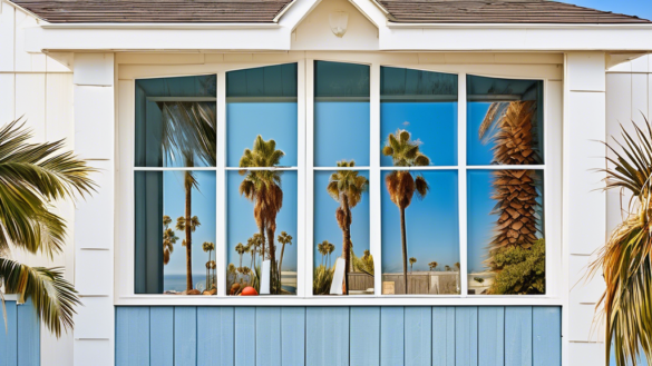 A picturesque beachfront house in Oceanside, California during different seasons. Each section of the image shows homeowners performing window maintenance: