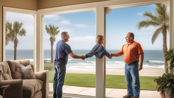 Create an image of a satisfied homeowner shaking hands with a professional window contractor in front of a beautiful home in Oceanside, CA. Make sure the c