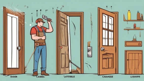 A scene depicting various common door problems, including a misaligned door, a door with chipped paint, a door with a broken handle, a door with weather da