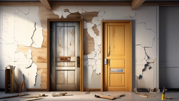 A visually compelling image showing a worn-out, cracked wooden door with peeling paint and visible gaps along the edges. Next to it, a brand-new, modern do