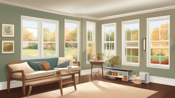 A detailed illustration showing five different styles of replacement windows, including double-hung, casement, sliding, bay, and picture windows, each labe