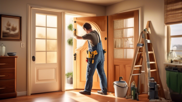 A cozy home interior showing a person performing maintenance on a replacement door. They are using common household tools and following a step-by-step guid