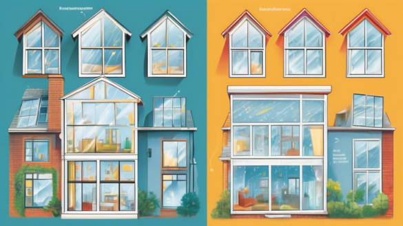 A detailed illustration showing a house with various windows, each displaying a common window problem like foggy glass, draftiness, broken panes, difficult