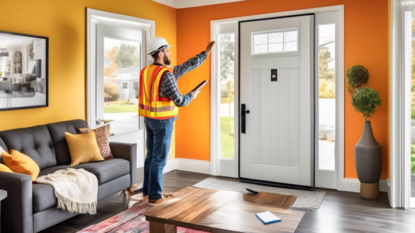 A vibrant and modern living room scene showing a contractor installing a brand-new front door, with a checklist on the wall highlighting Top 7 Myths About