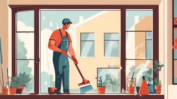 An illustration of a person performing various DIY maintenance tasks on modern replacement windows. The scene should include cleaning windows with a squeeg