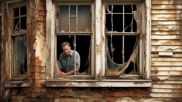 A cozy suburban home with visibly worn-out and damaged windows, including cracks, drafts, condensation between panes, and peeling frames, suggestively high