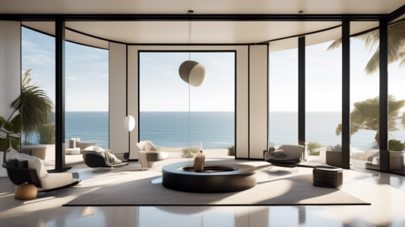 Create an image of a modern oceanside home featuring five different stylish window designs. Highlight large, floor-to-ceiling windows with thin black frame