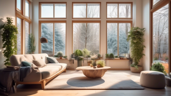 A cozy living room with large double-pane windows showcasing a beautiful outdoor garden. One side of the windows is frosty, depicting insulation against co