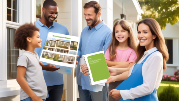 A friendly home improvement consultant showing a family different window samples and brochures, with a cozy house in the background undergoing window repla