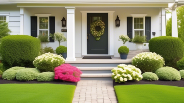 A charming suburban home with a freshly painted exterior, a new front door, and vibrant landscaping. The yard features neatly trimmed hedges, blooming flow