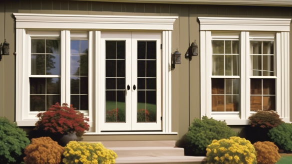 Create an image of a cozy, modest home with different types of replacement windows being showcased. Highlight options like vinyl windows, storm windows, an