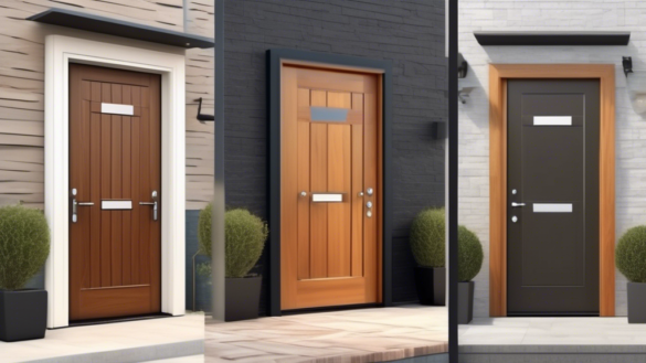 An informative image showing a variety of modern door designs in different styles and materials, with text bubbles highlighting common questions such as Ho