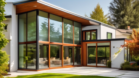 A modern home with large energy-efficient windows, showcasing natural sunlight streaming through while insulating the interiors. The windows feature double