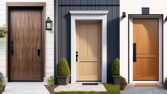 A side-by-side comparison of three front doors made of different materials: one wooden door with a natural finish, one sleek steel door, and one stylish fi