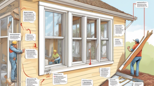 A detailed illustration showing a homeowner replacing windows in a house, with annotations highlighting six common mistakes such as improper measurements,