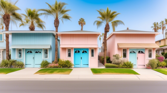 A picturesque oceanside neighborhood in Oceanside, CA, with a variety of stylish front doors. Include a mix of coastal-themed doors in pastel shades, elega