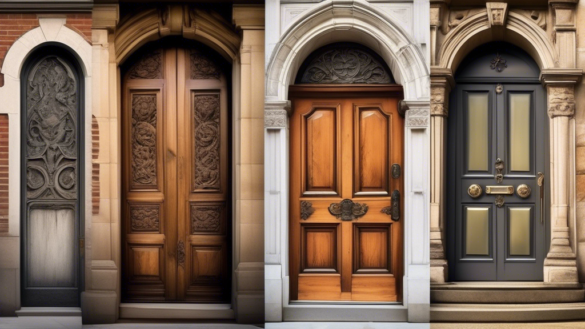 Create an image showcasing the evolution of door design throughout history: starting with ancient stone and wooden doors, transitioning through ornate medi