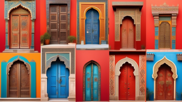 A vibrant collage featuring various traditional doors from around the world, including intricate Moroccan riad doors, red Chinese temple doors adorned with