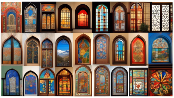 A collage showcasing various windows from around the world, each uniquely designed and styled to reflect different cultures. Include traditional Japanese s