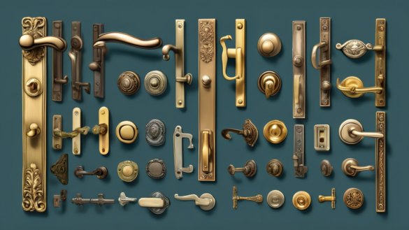 A detailed illustration of various types of door hardware, such as handles, knobs, levers, deadbolts, and hinges, displayed against a backdrop of different