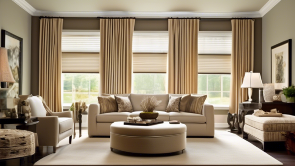 A beautifully designed living room showcasing various types of window treatments, including elegant drapes, stylish blinds, chic shades, and modern shutter