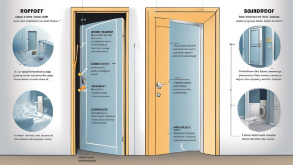 A detailed illustration showing various methods to soundproof a door. The image features a standard interior door, with visual elements such as weatherstri