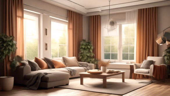 Create an image of a cozy, modern living room where someone is installing soundproof window treatments. There are various materials such as thick curtains,