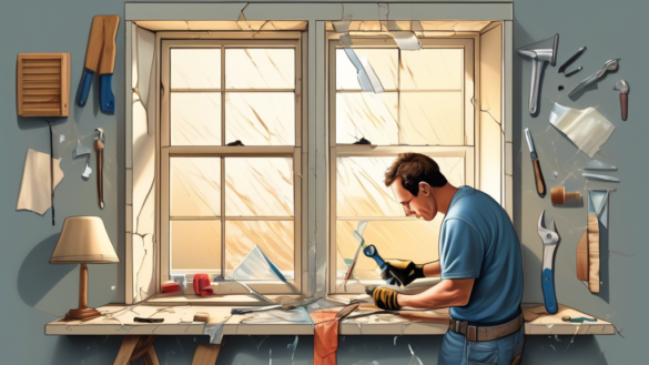 A detailed illustration of a person repairing a window, showcasing various common issues such as a broken pane, misaligned frame, and damaged weather strip