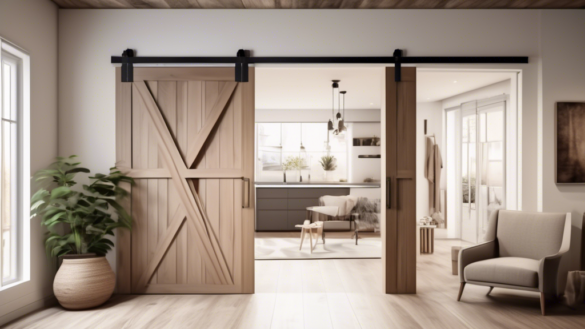 A cozy, modern apartment with sleek, space-saving barn doors and pocket doors. The interior features clever storage solutions, and the doors are in neutral