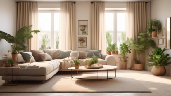 A cozy, small living room with large windows that maximize natural light, featuring stylish window treatments like sheer curtains or blinds to enhance the