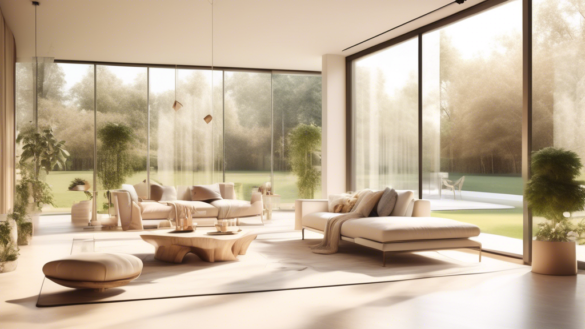 A modern living room with large glass doors opening to a sunny garden, flooding the space with natural light. The interior is decorated with light-colored