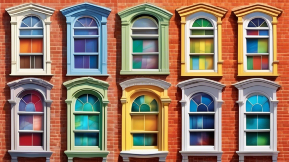 A detailed and vibrant image showing a side-by-side comparison of various window finishes on a house, including frosted, tinted, clear, and stained glass,