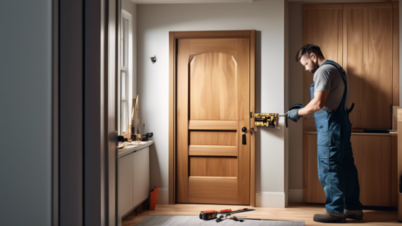 An image of a person performing maintenance on a door, including tightening screws on the hinges, oiling the hinges, and checking the door alignment, with