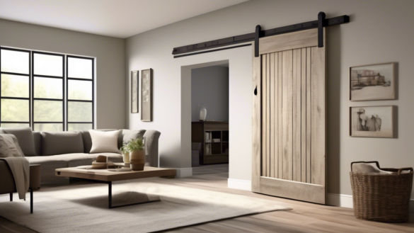 Create an image of a modern living room featuring a stylish barn door, showcasing both its aesthetic appeal and functional utility. The barn door should ha