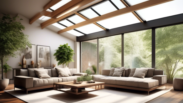 Create an image of a modern living room with large skylights allowing natural light to flood the space, highlighting both the aesthetic beauty and function