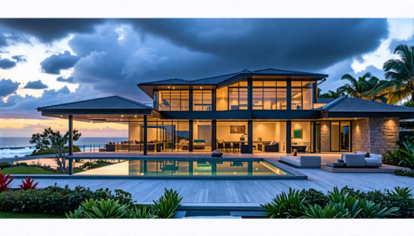 An image of a modern coastal home with large impact-resistant windows, showcasing a beautiful ocean view. The house is designed to reflect a storm-resistan