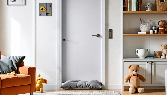 A modern, cozy living room with a focus on child safety: a door with a high-placed lock, a door knob cover to prevent small children from opening it, and a