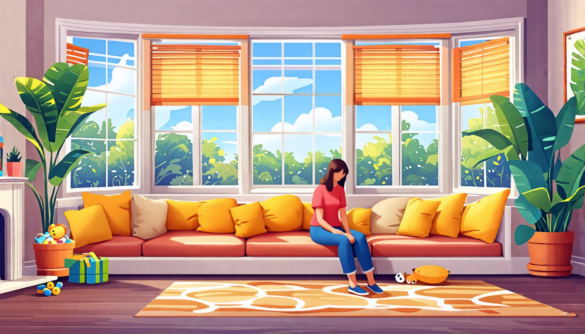 Create an illustration of a cozy living room with multiple windows, each equipped with childproof locks and safety guards. Include elements like cushioned