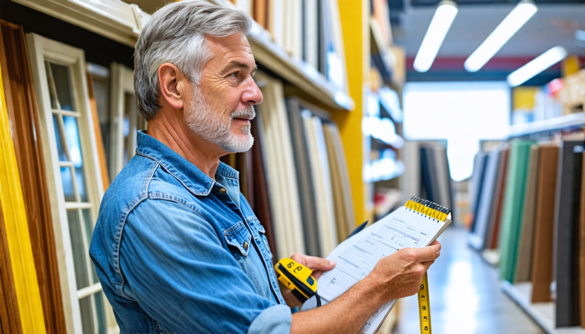 A friendly homeowner attentively examines different types of screen doors displayed in a home improvement store. The background shows various styles, mater