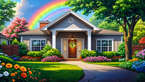 Create an image showcasing a well-maintained suburban house with a focus on a stylish storm door at the front entrance. Show the storm door slightly open,