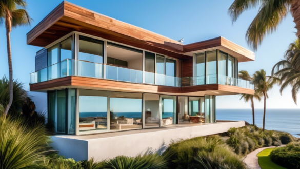 A modern oceanside home with a stunning ocean view, showcasing a variety of stylish window designs like large floor-to-ceiling windows, bay windows, and sl