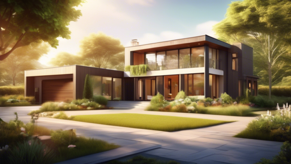 Create an image of a modern home with newly installed energy-efficient doors. Show the exterior of the house with sunlight reflecting off the doors, illust