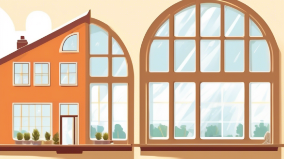 An illustration of a cozy, modern home with large, energy-efficient windows. The image shows a before-and-after comparison with the old, drafty windows on