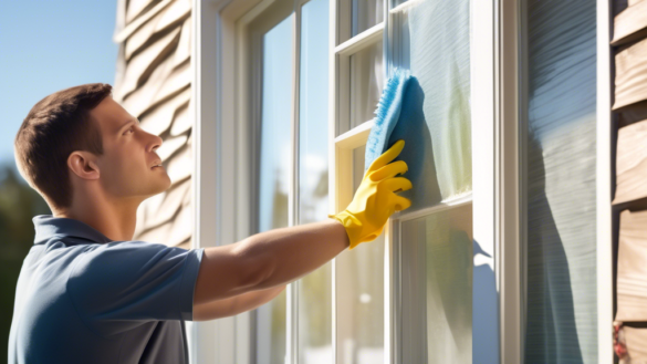 A detailed, high-resolution image of a homeowner carefully cleaning and inspecting their modern replacement windows on a sunny day. The scene shows various