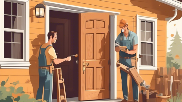 Illustrate a door replacement project in progress, featuring a friendly contractor carefully installing a new wooden door for a cozy suburban home. Include