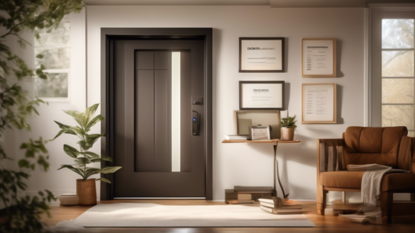 Create an image featuring a well-lit, modern home entryway showcasing a stylish front door. Display various warranty documents, magnifying glasses, and che