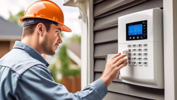 A detailed scene of a professional technician installing a home security system, with high-quality and precise equipment, showcasing their expertise. In th