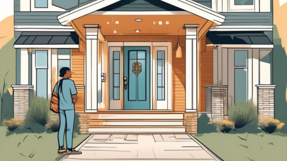 A detailed illustration of a homeowner standing in front of their house, contemplating various entry door options. Surround them with different door design