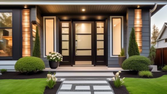 A beautifully landscaped suburban house with a newly installed, stylish front door prominently displayed. The door features modern design elements such as